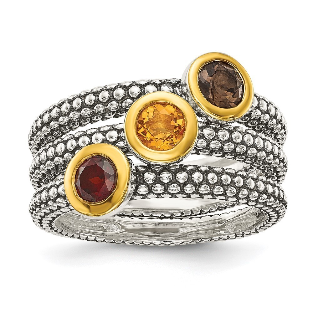 925 SS Gold-plated Antiqued Garnet Citrine Smoky Quartz 3 Stackable Rings